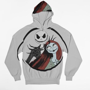 May include: A gray hoodie with a black and white illustration of Jack Skellington and Sally from The Nightmare Before Christmas. The illustration is in a circle on the front of the hoodie.