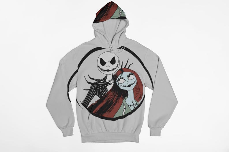 May include: A gray hoodie with a black and white illustration of Jack Skellington and Sally from The Nightmare Before Christmas. The illustration is in a circle on the front of the hoodie.