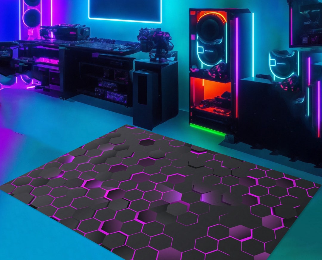Game Room Rug, Neon Hexegon Pattern, Gaming Room Rug, Neon Game