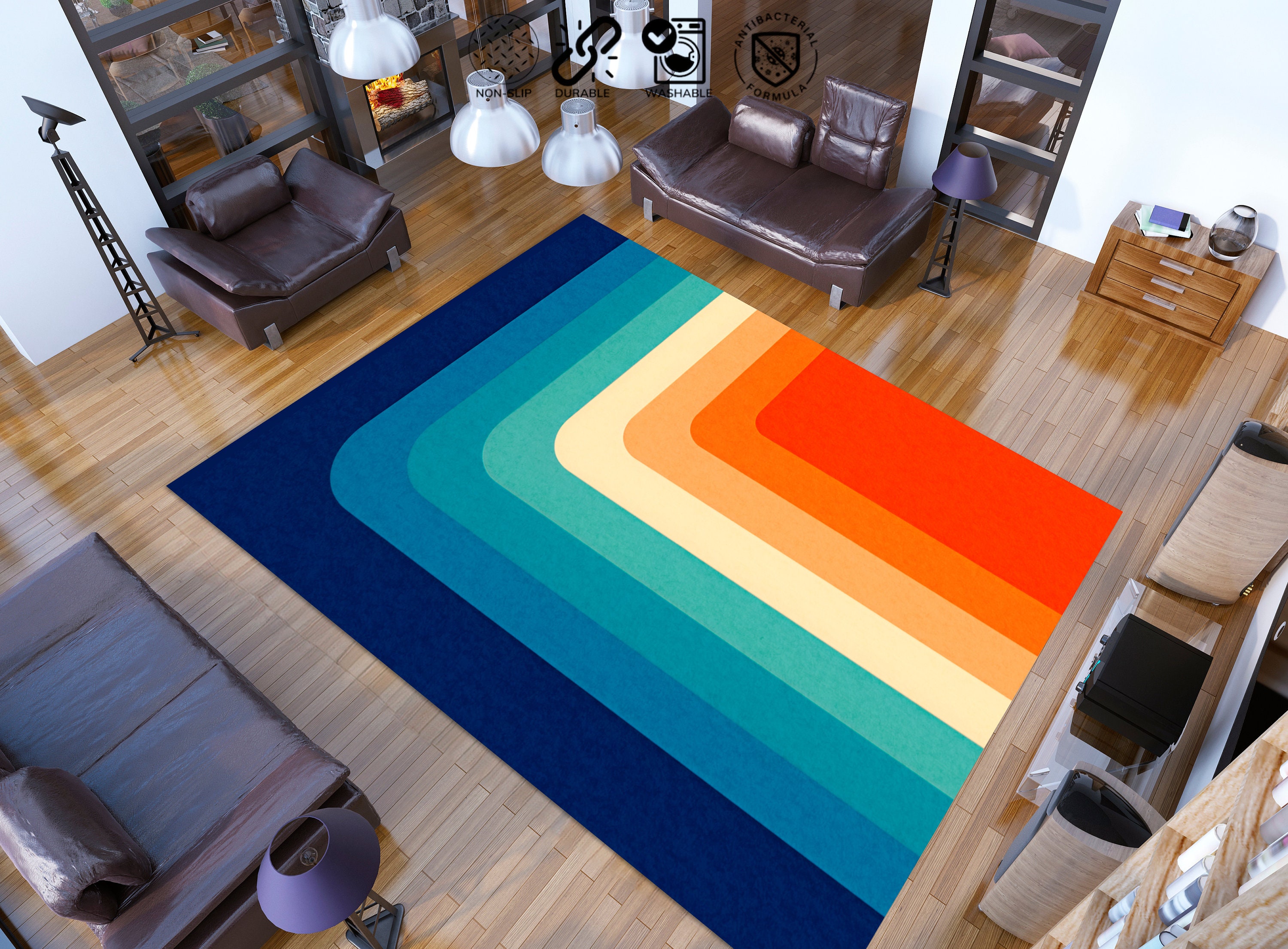 Mid Century Modern Art Rug, Retro 70s Area Rug, Retro Swirl Rug, Groovy