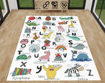 Kids Room Rug, Gift For Kids, ABC Animals Non-Slip Washable Area Rug, Learning Alphabet With Animals Printed Rug, Nursery Rug, Kids Playmat