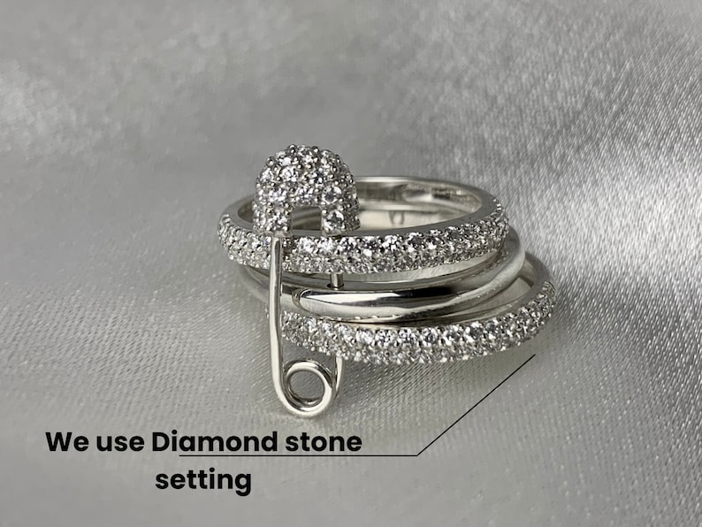 Sterling Silver Safety Pin Ring Set: Cubic Zirconia Eternity Stacking ...