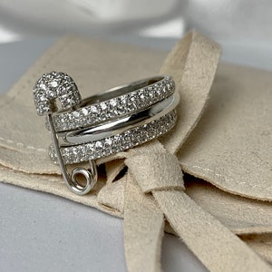 Safety pin ring in Sterling Silver. Eternity ring. Stacking rings set.Womens rings set with cubic zirconia.