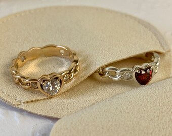 Gold rose ring with Heart cut Moissanite 0.5Ct. White 14k gold ring Heart shape Garnet . Cuban chain ring. Engagement ring.