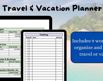 May include: A digital travel planner displayed on a laptop and tablet. The planner includes sections for travel details, flights, rental cars, and packing lists. The text "Ultimate Travel & Vacation Planner" is at the top. A blue box states "Includes 9 worksheets to organize and plan your travel or vacation."