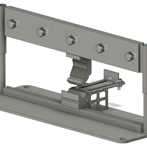 May include: A metal frame with a metal bar attached to it. The bar has several holes drilled into it. The frame is mounted on a metal base.