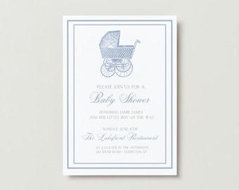 May include: A blue and white baby shower invitation with a vintage baby carriage illustration. The invitation reads "Please join us for a Baby Shower honoring Jamie James and her little boy on the way. Sunday, June 6th The Lakefront Restaurant at 2 o'clock in the afternoon 124 River Road Lexington KY"