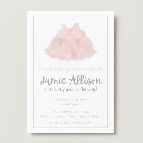Pink Dress Baby Shower Invitation, Watercolor Pink Dress Theme Baby Shower for Girl, Pretty Baby Shower Invitation, Girly Baby Shower