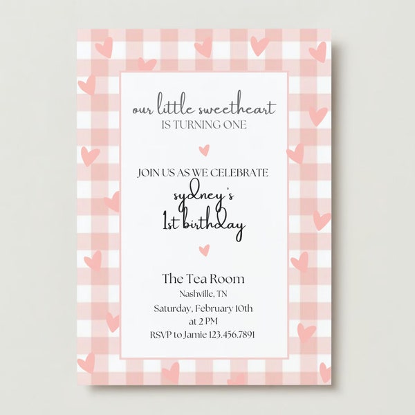 Valentines Day Theme First Birthday Invitation, Our Little Sweetheart First Birthday Invitation, Printable download invite