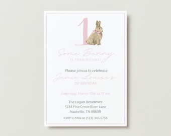 Bunny Girl 1st Birthday Invitation, Editable Template (Digital Download)