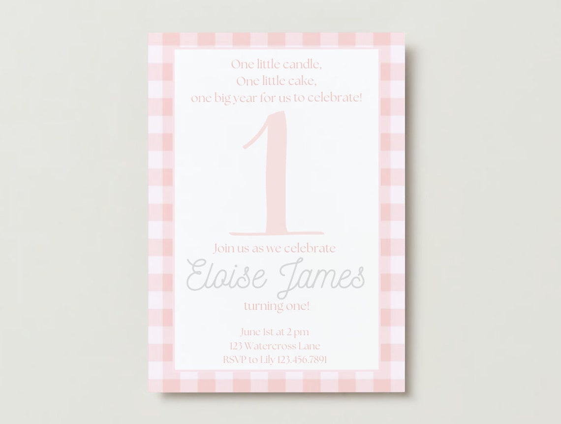 Pink Gingham First Birthday Invitation, Editable Template (digital ...