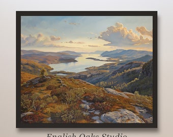 Rustic fall mountain landscape painting | Vintage neutral autumn print
