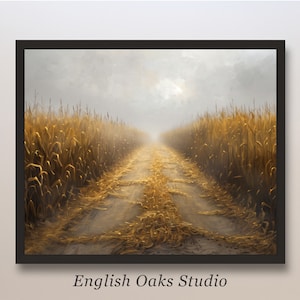 Country summer rustic neutral moody corn field path painting | Farmhouse vintage autumn landscape print
