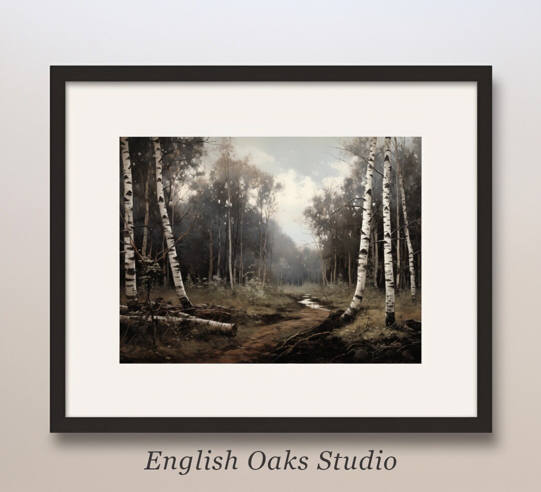Fall Moody Rustic Birch Trees Landscape Painting | Vintage Neutral ...
