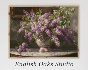 Moody lilac flower vase painting | Vintage purple flower still life print
