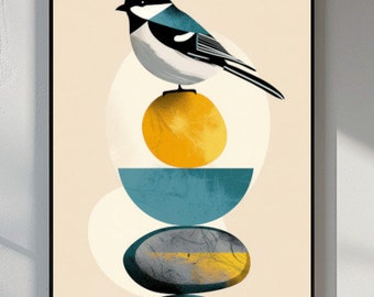 Mid century modern blue bird on geometric shapes print | Minimalist bird wall art