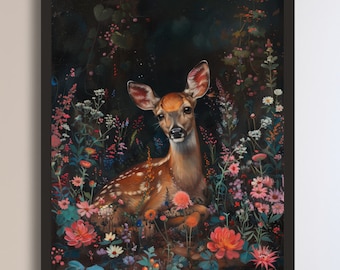 May include: A painting of a fawn sitting in a field of flowers. The fawn is brown with white spots and has large, dark eyes. The flowers are a variety of colors, including pink, purple, and white. The background is dark and blurry.