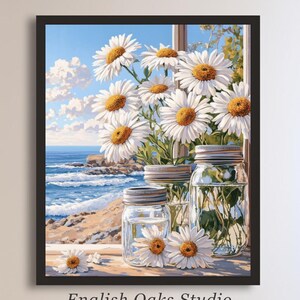 Moody vintage daisies in a mason jars painting | Antique floral still life print
