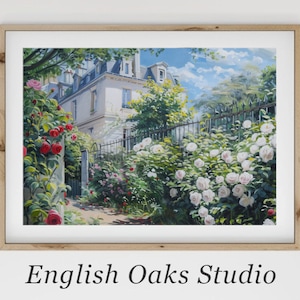 Vintage English Rose Garden Print: Cottage Painting