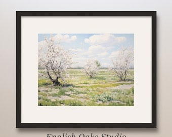 Paesaggio primaverile di campagna con alberi in fiore, dipinto a olio / Arte murale stampabile con frutteto primaverile / 01