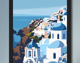 サントリーニ島の絵画 ギリシャの青いドーム エーゲ海の景色 アート