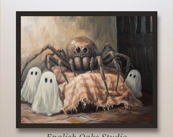 Impresión vintage de Halloween / Araña mutante y fantasmas