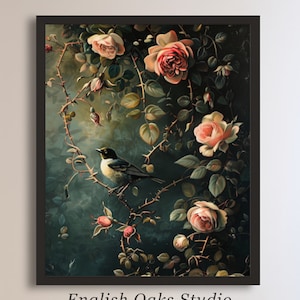 Dark academia vintage rose bird painting | Moody goth decor, cottagecore bird print | Victorian Gothic Botanical wall art