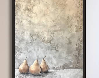 Vintage moody neutral pears painting |  Farmhouse antique fruit wall art print 02