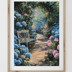 Summer landscape with blue and pink hydrangeas garden print | Summer path with flowers and a bench painting