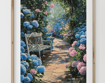Hydrangea Garden Print: Summer Landscape Painting