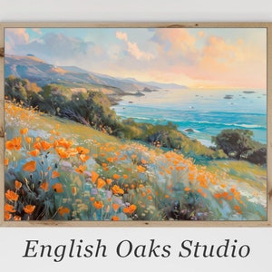 Coastal Wildflower Field Painting: Vintage Seaside Landscape Print