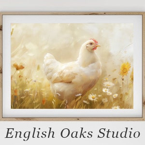 Spring chicken in the field wall art |  Easter chicken art print |  Chicken vintage farmhouse | Chicken nursery wall art
