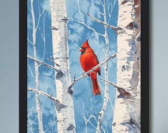Country farmhouse cardinal in a birch forest painting | Vintage red bird nursery print