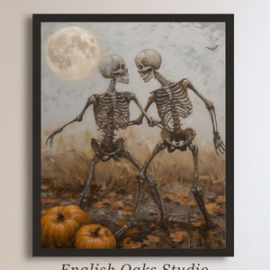 以下が含まれることがあります： 満月のもと、秋の落ち葉のフィールドで踊る2体の骸骨。骸骨はカジュアルなポーズで、片方の骸骨がもう片方の骸骨の手を握っている。シーンは、落ち着いた色調で写実的なスタイルで描かれている。