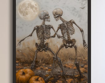 Vintage Halloween Print: Dancing Skeletons, Pumpkin Field, Dark Academia Decor