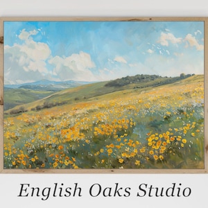 Summer wildflower field on a hill landscape vintage painting | Spring- summer yellow wildflowers print