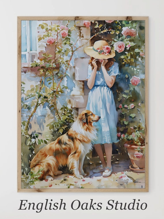 Vintage Girl and Dog Watercolor Print: Antique Rose Garden Wall