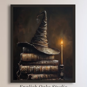 Moody vintage Halloween witch hat on books and near candle painting |  Rustic Goth magical books print