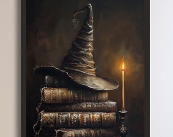 May include: A dark brown pointed witch's hat sits atop a stack of old, leather-bound books. A lit candle in a candlestick sits to the right of the books. The background is a dark brown.