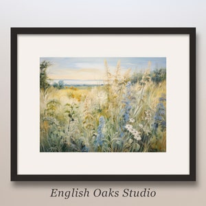 Summer blue wildflowers field landscape oil painting | Vintage farmhouse field of flowers printable wall art