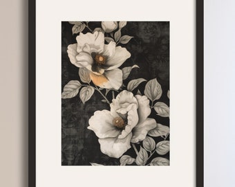 Fleurs académiques sombres nature morte | Imprimé fleurs blanches vintage vintage, neutres et neutres