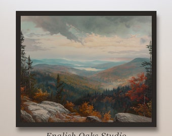 Rustic fall mountain landscape painting | Moody vintage neutral autumn print