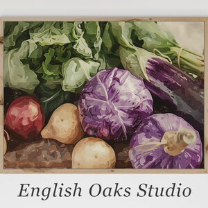 May include: A still life painting of a variety of vegetables, including purple cabbage, eggplant, and potatoes. The vegetables are arranged on a wooden surface and are surrounded by green leafy vegetables.