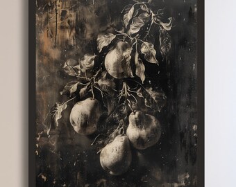 May include: A black and white photograph of pears hanging from a branch. The pears are depicted in a realistic style and the background is a dark, textured surface.