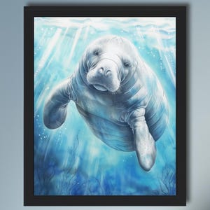 Florida manatee swimming  in ocean coastal decor print | Manatee painting beach house decor