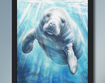 Pintura de manatí: Impresión decorativa costera del océano de Florida