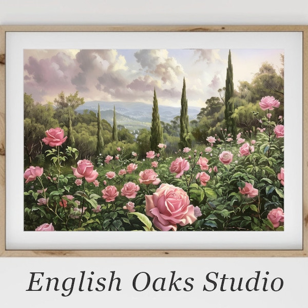 Hillside pink roses garden print | Summer flowers on a hill landscape painting