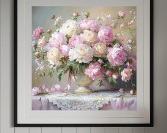 Vintage Peonies Painting: Farmhouse Floral Still Life Print