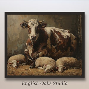 May include: A brown and white cow with a white face and black nose lies down in a barn with three white lambs lying around it. The cow is in the centre of the image and the lambs are in the foreground. The barn is a dark brown colour and the floor is covered in straw.