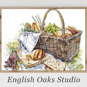 May include: A watercolor painting of a wicker basket filled with bread rolls and loaves. The basket is sitting on a wooden cutting board with a white and blue checkered cloth. There are grapes and green leaves around the basket. The painting is titled "English Oaks Studio".